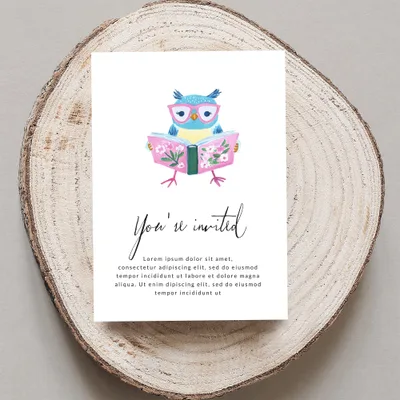 Invitation card with a cartoon owl reading a book, text reads "You're invited" and lorem ipsum.