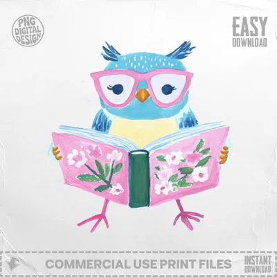 Blue cartoon owl wearing pink glasses, reading a book with pink floral illustrations.
