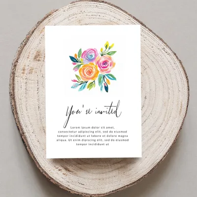 Invitation card with floral design and "You're invited" text.