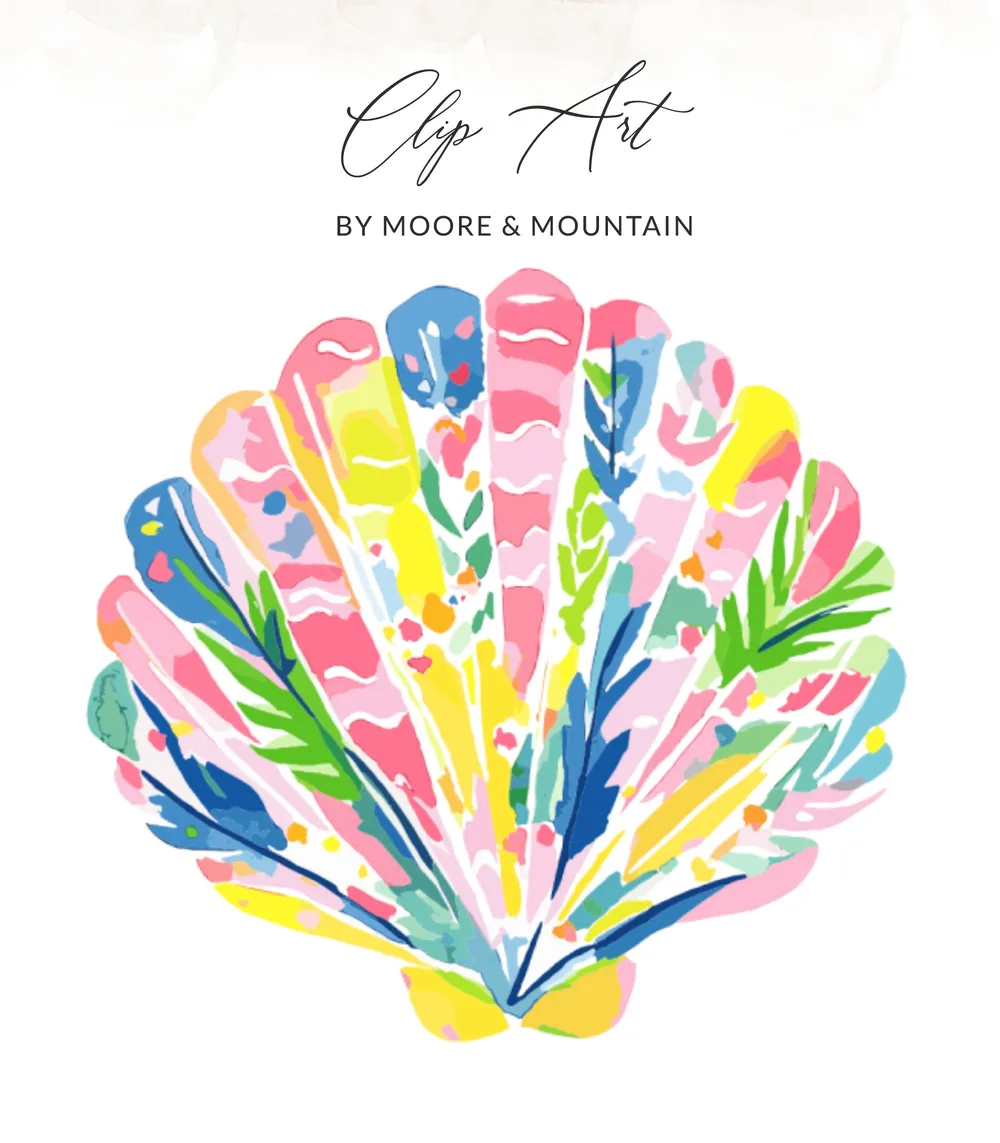 Colorful seashell illustration with floral and leaf motifs, titled "Clip Art."