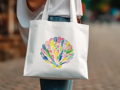 White tote bag with colorful seashell and palm leaf watercolor illustration.