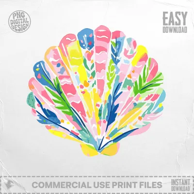 Colorful seashell illustration with palm fronds, "Easy Download" text.