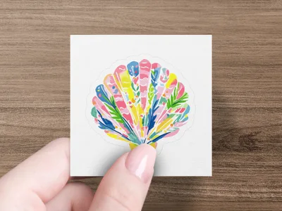 Colorful seashell sticker with vibrant abstract patterns.