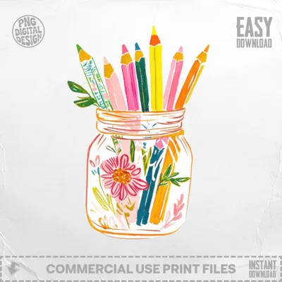 Preppy Clip Art SVG Colorful Pencils Jar Digital Download | Teacher Artist Art Supplies PNG | Creative Classroom Planner Decor SVG