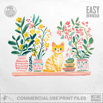 Watercolor of a cat between two potted plants on a shelf.