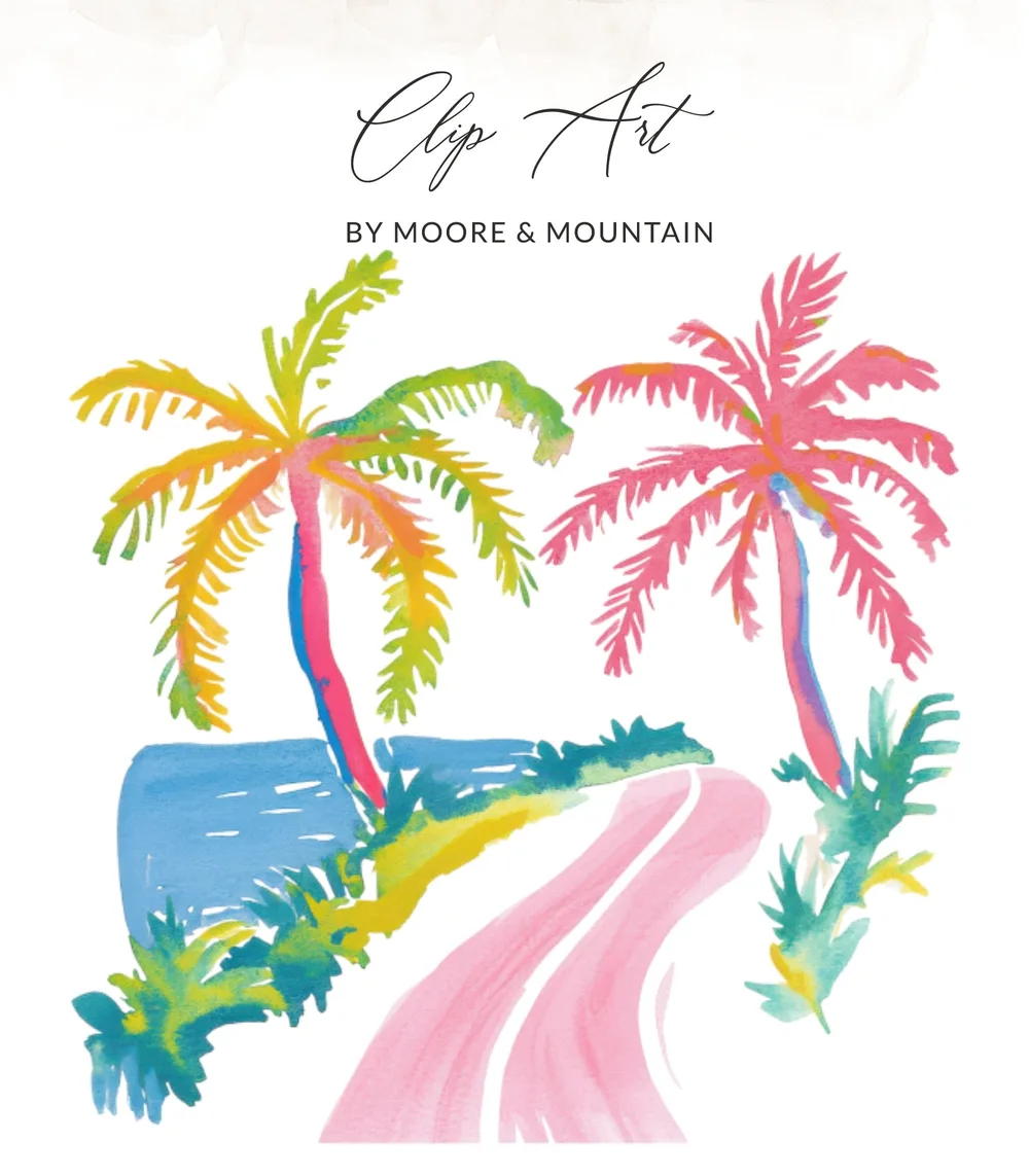 Pink and green palm trees overlook a winding pink road and blue ocean.