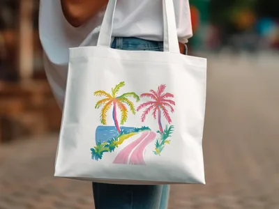 White tote bag with colorful palm trees, road, and ocean illustration.