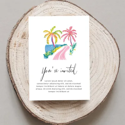 Invitation with tropical beach scene and "You're invited" text.
