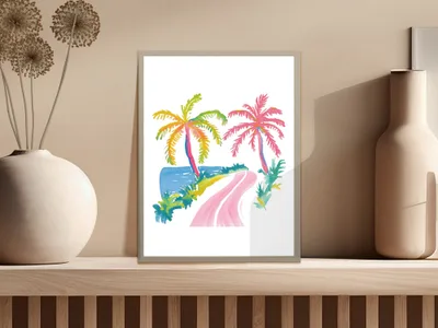 Watercolor painting of a tropical road with palm trees and ocean.