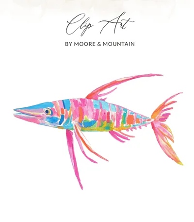 Preppy Clip Art SVG Watercolor Fish Digital Art Print, Vibrant Coastal Needlefish Clipart PNG, Summer Beach Sea Life Design