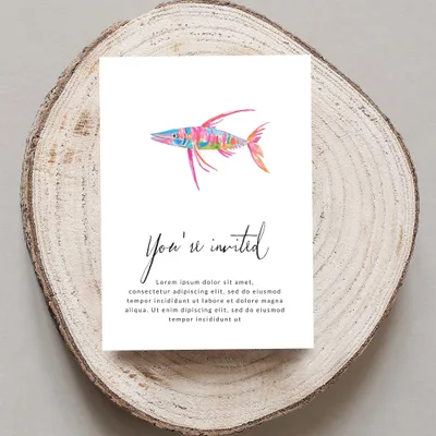 Invitation card with colorful fish illustration and placeholder text.