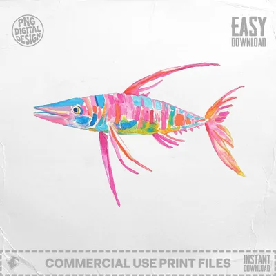 Watercolor illustration of a colorful fish with abstract stripes on a white background.