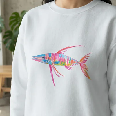 White sweatshirt with a colorful, painted fish illustration.