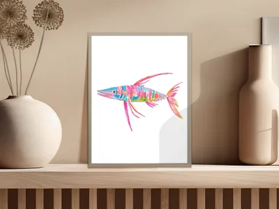 Colorful watercolor illustration of a striped fish with pink fins on a white background.