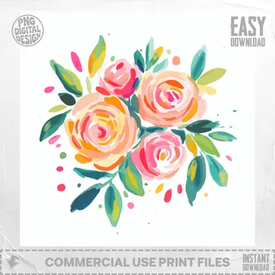 Floral bouquet with watercolor roses and leaves, pink, orange, and green.