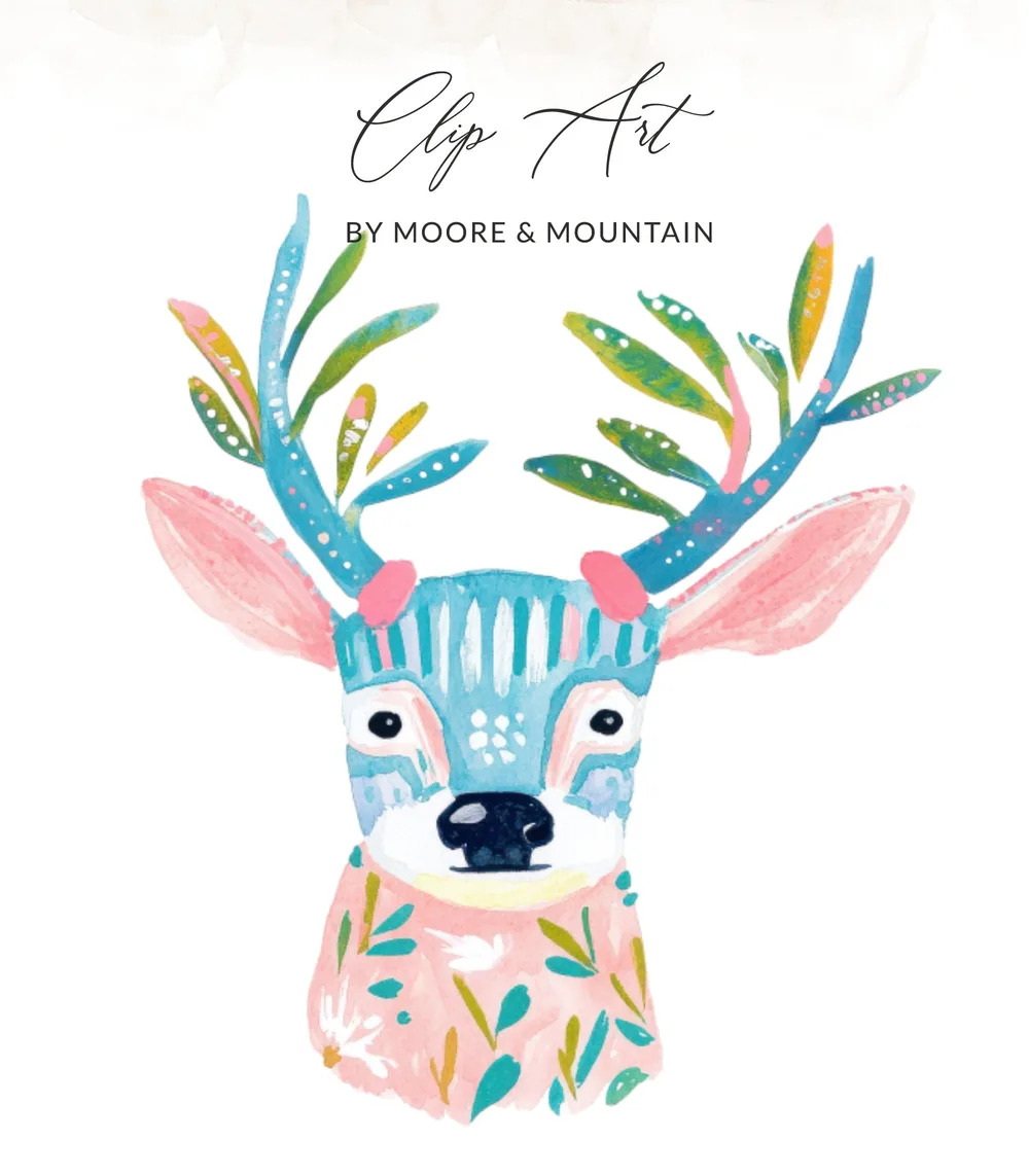 Watercolor deer illustration with floral and geometric patterns.