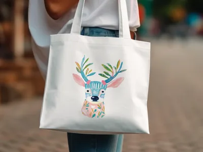 White canvas tote bag with a colorful, stylized deer illustration.