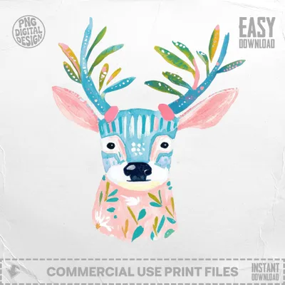Watercolor illustration of a deer with colorful antlers and floral patterns.