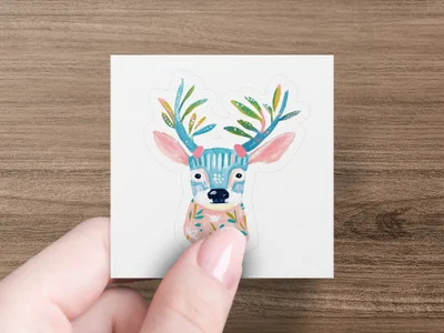 Illustration of a deer with colorful antlers and a floral scarf.