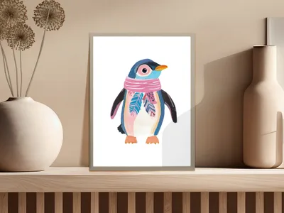 Watercolor illustration of a blue penguin wearing a pink scarf on a shelf.