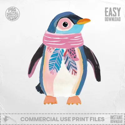 Penguin wearing a pink scarf with feather designs, easy download.