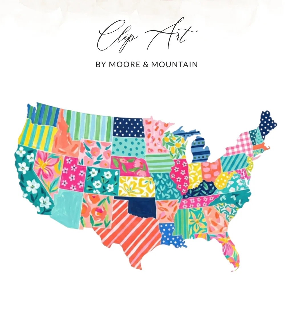 Map of the United States filled with colorful floral and patterned fabric patches.