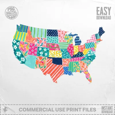 United States map filled with colorful floral and geometric patterns.