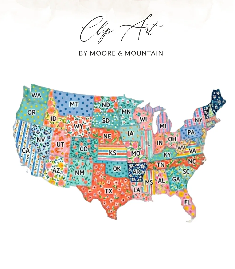 United States map in patchwork quilt style with state abbreviations.