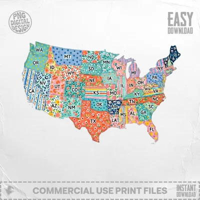 US states map with floral pattern, indicating commercial use and instant download.