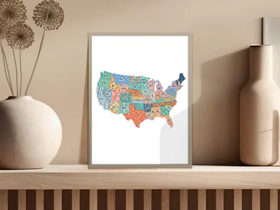 Colorful US map art print with state names and borders.