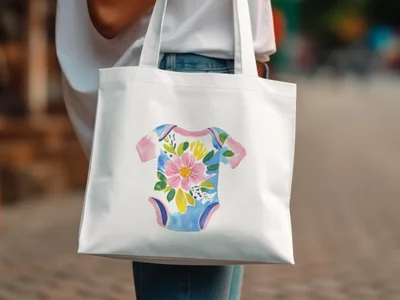 White tote bag with a floral baby onesie design.