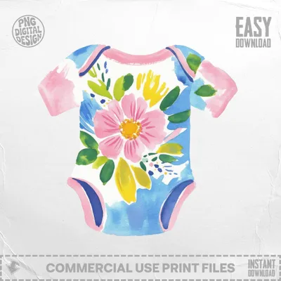 Floral watercolor baby onesie with pink and blue design.
