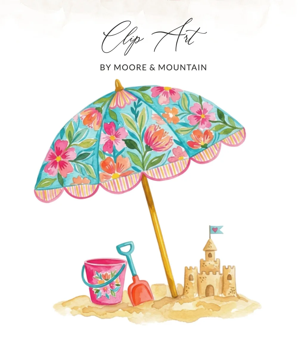 Watercolor beach umbrella, sandcastle, bucket, and shovel on sand.