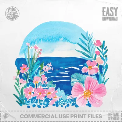 Watercolor floral design with tropical flowers and foliage against a blue sky and sea.