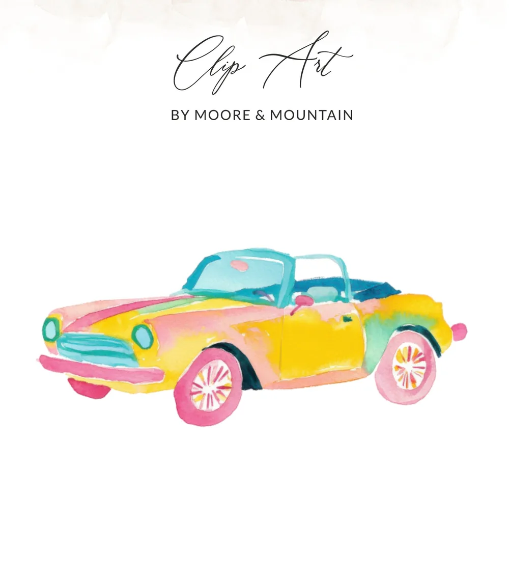 Watercolor clip art of a vintage convertible car with a rainbow color scheme.