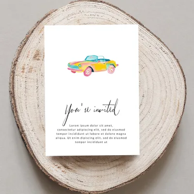 Invitation card with watercolor convertible and "You're invited" text.