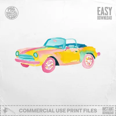 Watercolor convertible car in pink, yellow, and teal.
