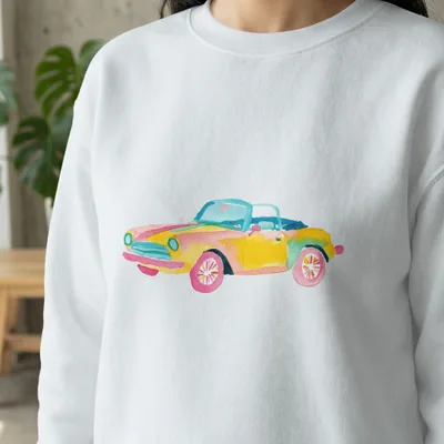 White sweatshirt featuring a colorful watercolor illustration of a vintage convertible car.