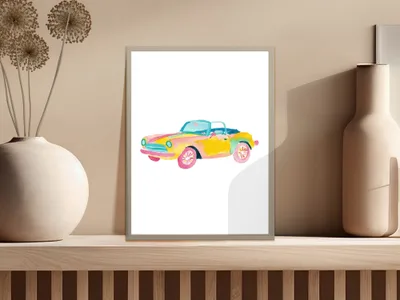Watercolor painting of a colorful vintage convertible car on a shelf.