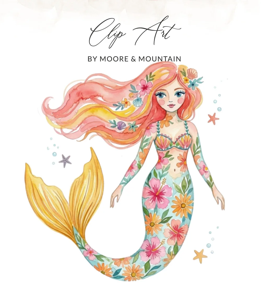 Watercolor mermaid with floral patterned tail and colorful hair.