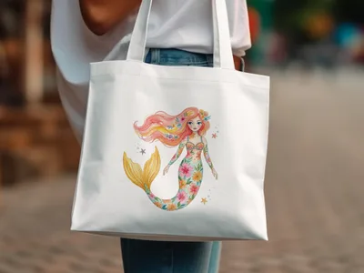 White tote bag with colorful mermaid illustration featuring flowers and stars.