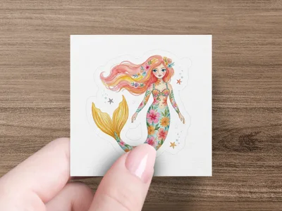 Illustration of a mermaid with floral patterns and flowing pink hair.