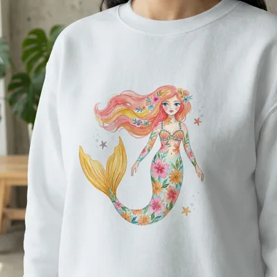 White sweatshirt with a watercolor mermaid design of flowers and scales.