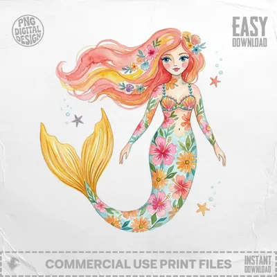 Watercolor mermaid with floral tattoos and colorful tail.