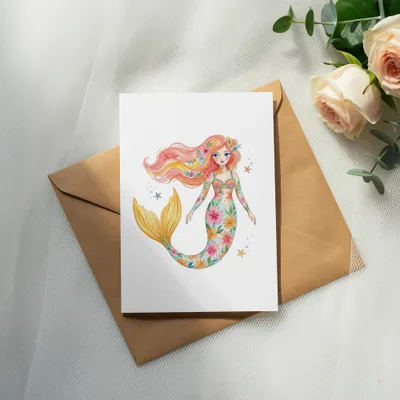 Watercolor mermaid with floral pattern on white card, on brown envelope.