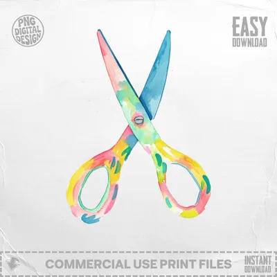 Watercolor scissors with colorful floral pattern on textured background.