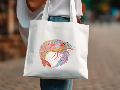 White tote bag with a colorful, watercolor shrimp illustration.