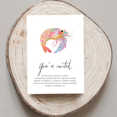 Invitation with a colorful shrimp illustration and "You're invited" text.