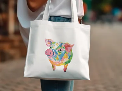 White tote bag with a colorful watercolor pig illustration.