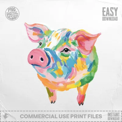 Colorful abstract painting of a pig with "Commercial Use Print Files" text.